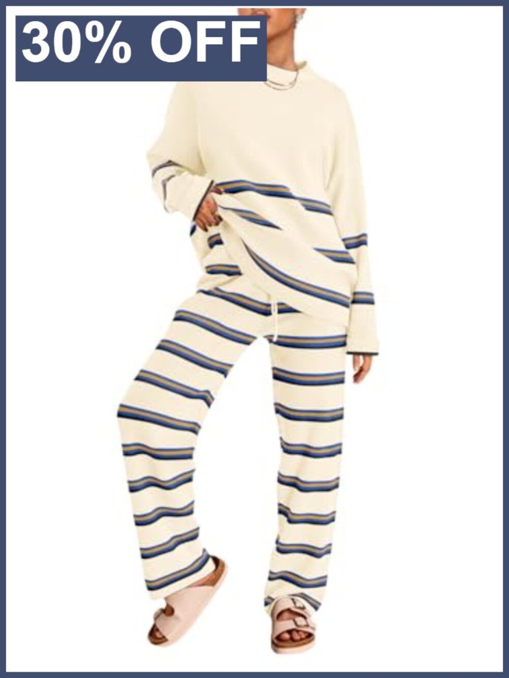 Striped Knit Sweater Lounge Set Pullover Top Wide Leg Pants Loungewear